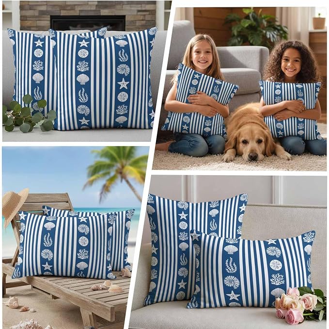 Striped Outdoor Waterproof Throw Pillow Covers Set of 2, 20"x20", Ocean Navy Blue Starfish Shell Jellyfish Coral Decorative Pillow Covers Outside Cushion Case for Patio Porch Garden