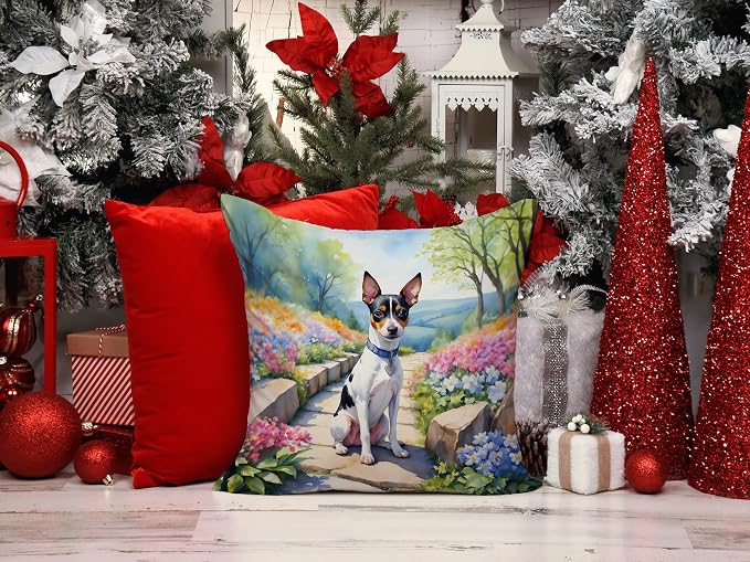 Caroline's Treasures Rat Terrier Spring Path Throw Pillow Machine Washable, Indoor Outdoor Decorative Pillow for Couch, Bed or Patio, 14Hx14W