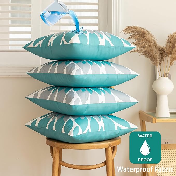 Pack of 4 Outdoor Waterproof Pillow Covers 16x16 Decorative Outdoor Throw Pillows Garden Square Cushion Cases for Patio Furniture, Couch, Tent Sunbrella, Bench, Teal Turquoise Grey