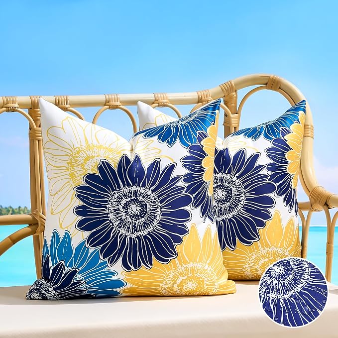 Outdoor Pillow Covers Summer Waterproof Sunflower Throw Pillow Covers 20x20 Decorative Blue Yellow Floral Cushion Covers Square Garden Throw Pillowcase Set of 2 for Patio Furniture Tent Balcony Bench