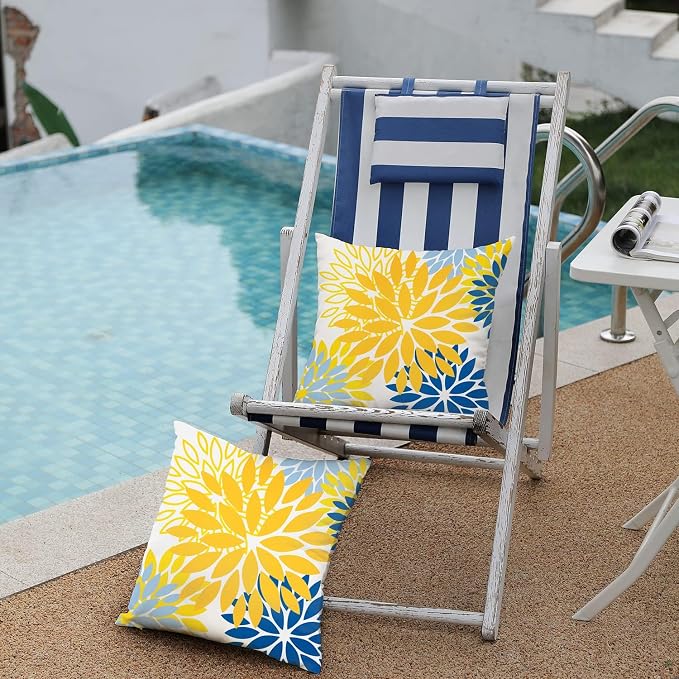 DFXSZ Outdoor Waterproof Pillow Covers 18x18 Set of 2 Yellow Blue Flower | Spring Summer Waterproof Flower Throw Pillowcases（No Inserts）Outdoor Decor for Patio Funiture Garden Polyester Covers