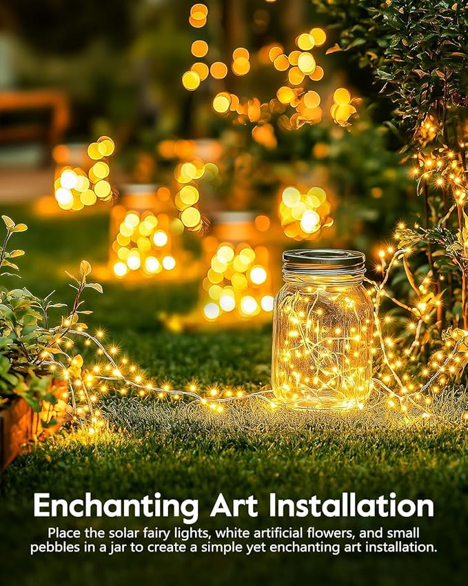 120 LED Solar Fairy Lights Outdoor Waterproof IP65, 10FT 8 Lighting Modes | Solar Christmas Lights Outdoor Waterproof Cascading Twinkle Lights Balcony Garland Patio Christmas Decorations, Warm White