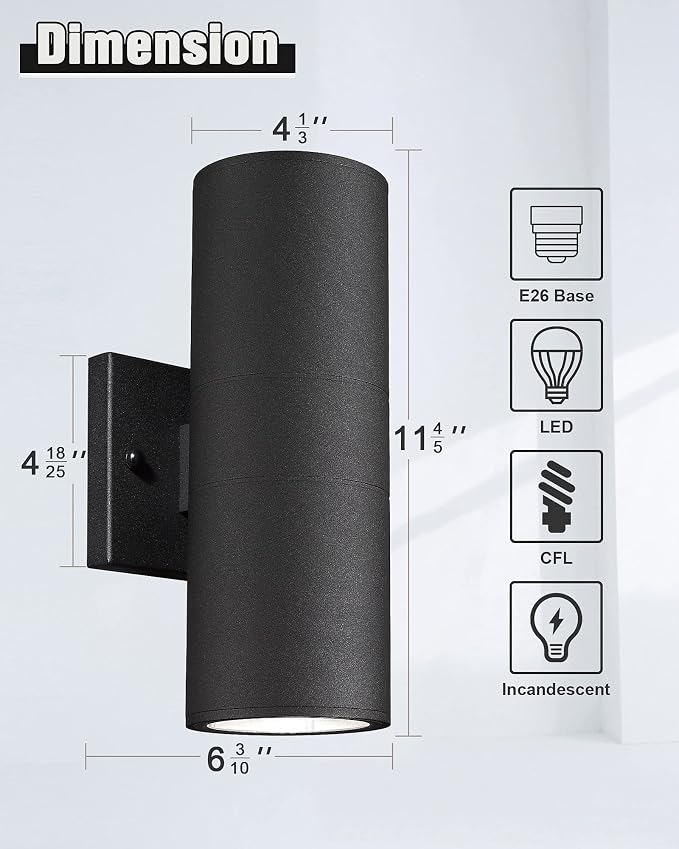 Ken & Ricky Cylinder Outdoor Wall Sconce Lights,Up and Down, Black, 1 Pack | Aluminum Waterproof Outdoor Wall light,No Glare,Exterior Lighting Fixtures,E26 Base，For Porch House Garage Front Door Patio