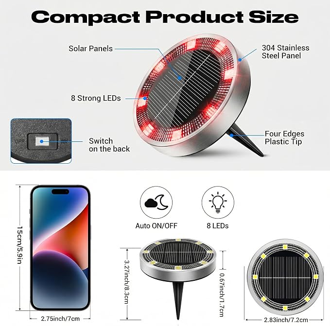 Mini Solar Ground Lights Outdoor, 8 Pack Flat Solar Powered Disc Lights, IP68 Waterproof, Anti-Rust, Landscape Lighting for Pathway Garden Yard Lawn Walkway Landscape Driveway, Red
