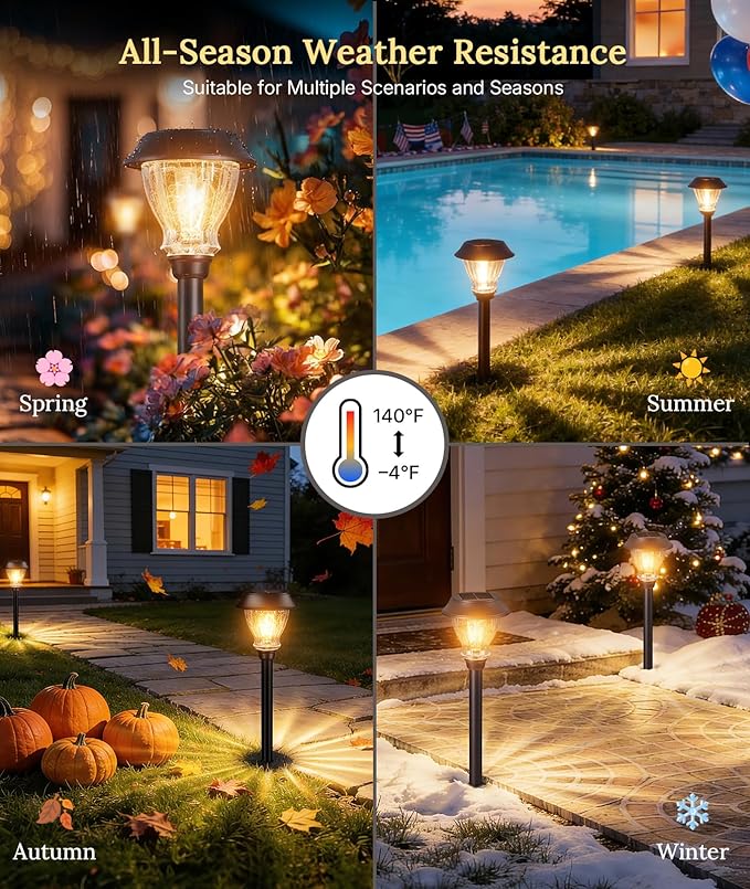 XMCOSY+ Solar Pathway Lights Outdoor, Warm White Landscape Lighting, 8 Pack | Crackled Glass Metal Garden Lights, IP65 Waterproof, Soft 2700K LED, Auto On/Off Landscape Lights for Path, Yard, Walkway