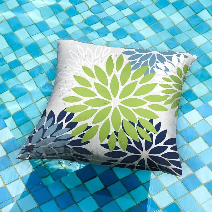 DFXSZ Outdoor Waterproof Pillow Covers 18x18 Set of 2 Green Blue Flower | Spring Summer Waterproof Flower Throw Pillowcases（No Inserts）Outdoor Decor for Patio Funiture Garden Polyester Covers