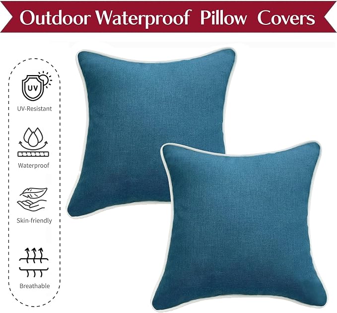 HER HWA Outdoor Pillow Covers White Piping 18"x18" Set of 2, Lake Blue | durable fade-resistant water-resistant 100% polyester white piping smooth zipper machine washable for indoor outdoor décor