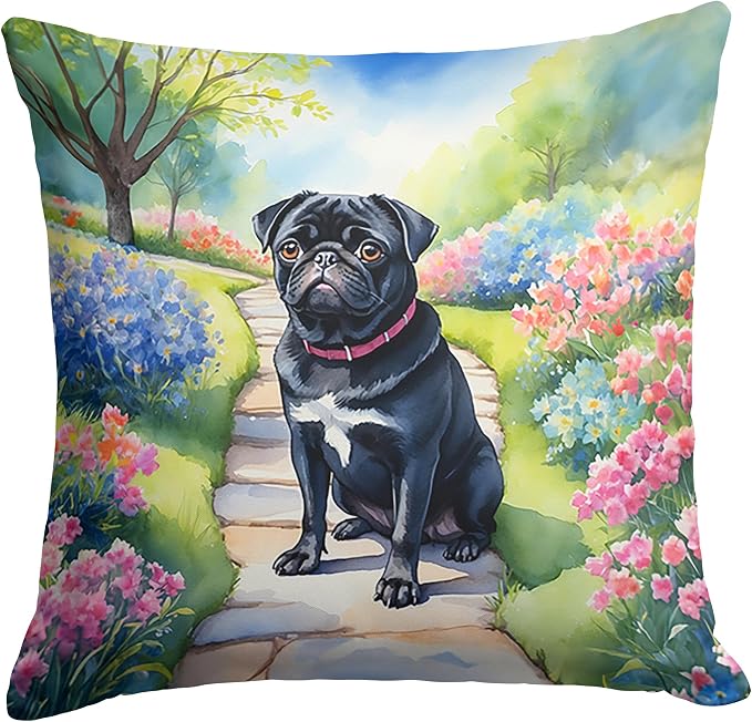 Caroline's Treasures Black Pug Spring Path Throw Pillow Machine Washable, Indoor Outdoor Decorative Pillow for Couch, Bed or Patio, 14Hx14W