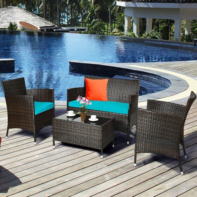 HAPPYGRILL 4-Piece Patio Furniture Set Rattan Wicker Conversation Set with Cushioned Sofa and Coffee Table for Outdoor Backyard Garden Poolside