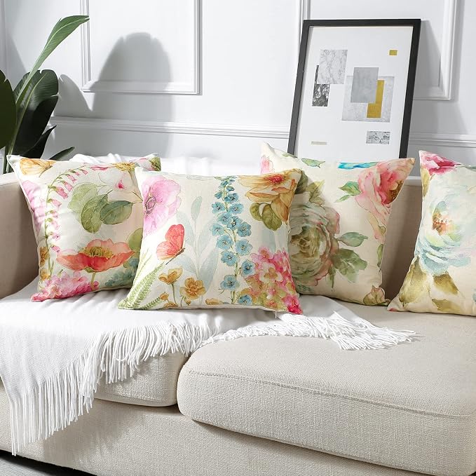 Artscope Set of 4 Waterproof Throw Pillow Covers 18x18 Inches, Colorful Flowers Bird and Butterfly Pattern Decorative Cushion Covers, Perfect to Outdoor Patio Garden Living Room Sofa Farmhouse Decor
