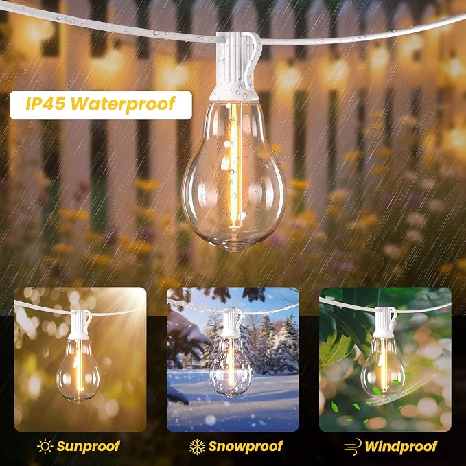 White Outdoor String Lights 75FT Waterproof Lighting for Patio Wedding Yard | 2FT Bulbs Apart White Cord, 75FT Connectable Outdoor Lights with 38 Shatterproof Dimmable LED Bulbs for Garden Bistro Balcony