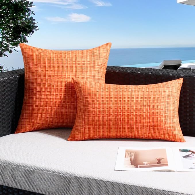 UGASA Fall Outdoor Waterproof Throw Pillow Covers Pack of 2 Patio Water Resistant Pillow Cases Summer Woven Texture Decorative for Outside Garden Porch Yard Bench Tent 20x20 Inch, Orange