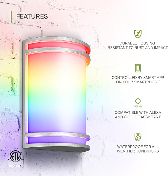 ASD 10 Inch Smart RGBW LED Outdoor Sconce Lights - 15W 120-277V 2700K-6500K Nickel Exterior Lighting Fixtures, Exterior Lights for House, Remote Control Alexa Patio Wall Light Fixture ETL 2 Pack