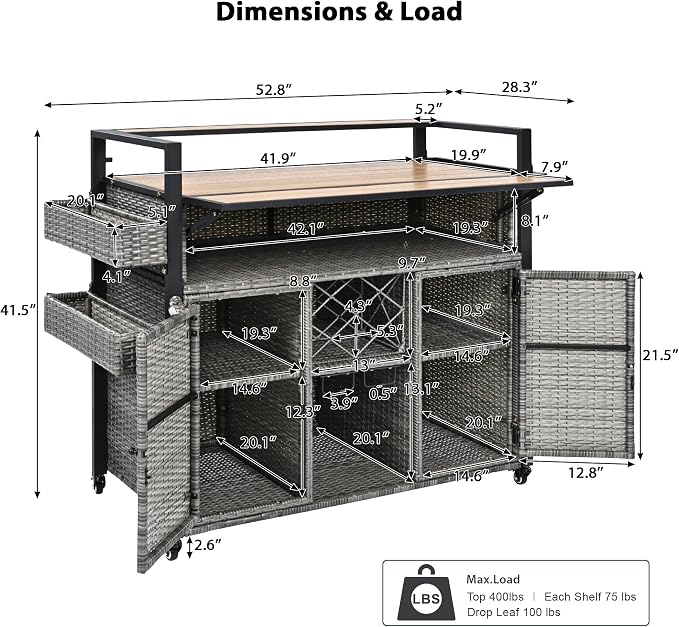 52.8" W Wicker Outdoor Bar Cart Table with Extended Plastic Wood Table Top, Outdoor Grill Cart with Large Storage Cabinet, for Patio Backyard Garden Poolside, Double Handle Design, Grey