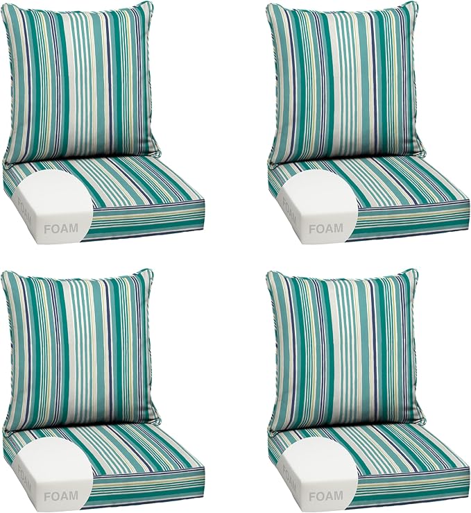 Arden Outdoor Deep Seat Cushion Set, Foam, 24x24, Teal Cobalt Stripe | 4-Pack, Sofa, Couch, Conversation Set, Premium High-Density Foam, Never Flattens, Mold and Mildew Resistant