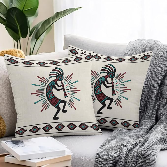 Boho Southwest Waterproof Outdoor Throw Pillow Covers 18''x18'' Pack 2, Aztec Ethnic Native Human Ethnic Plaid Pillow Cases Throw Cushion Cover with Zipper, Washable Pillowcase for Poolside Sofa