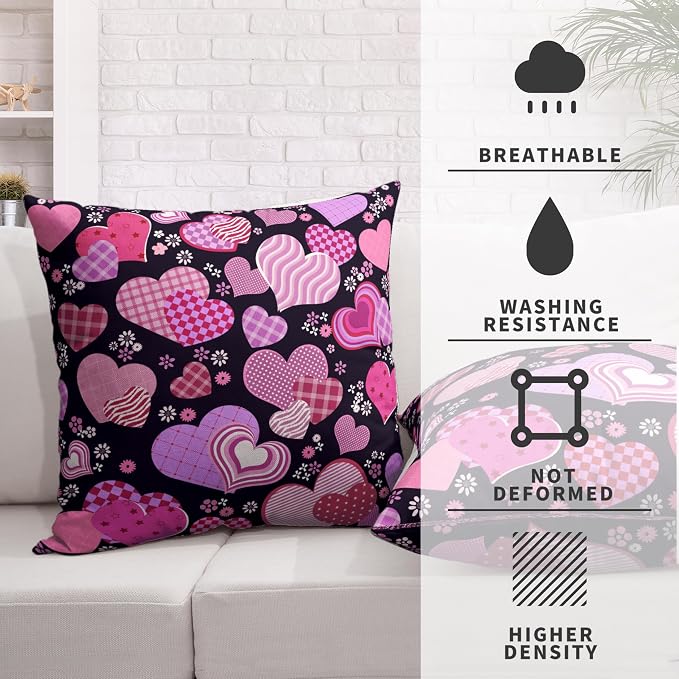 Valentines Pillow Covers 20x20 Pack of 2 Pink Purple Hearts Flowers Throw Pillow Covers Valentines Day Pink and Black Cushion Case Cotton Linen Pillowcase for Couch Sofa Patio