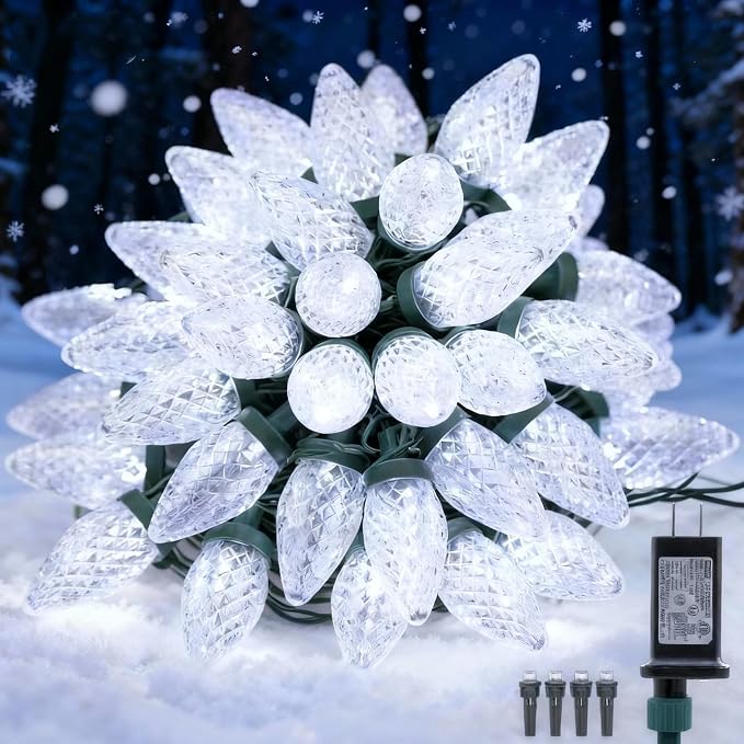 C9 LED Christmas Lights Outdoor,33 Feet 50 LED 8 Lighting Modes Waterproof Connectable Christmas String Lights for Outside Roofline Patio Home Xmas Decorations (Cool White)