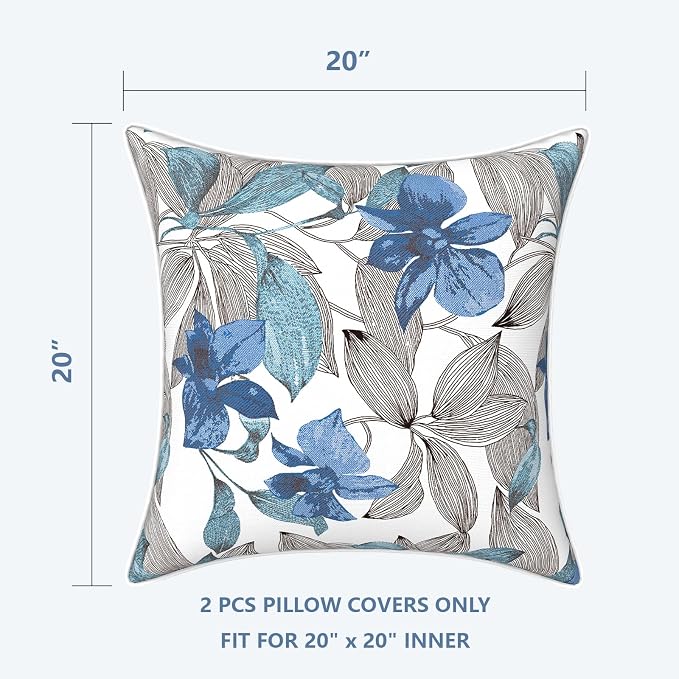 LVTXIII Outdoor/Indoor Pillow Covers, Patio Fade Resistant Throw Pillow Covers ONLY, Waterproof Farmhouse Accent Cushion Cases for Sofa Patio Couch Decoration 20"x20" Set of 2, Clemens Noir Blue