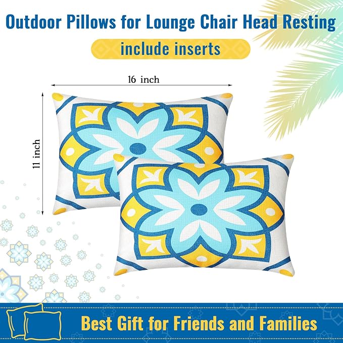 Juexica 2 Pack Chaise Lounge Pillow with Strap Outdoor Waterproof Beach Chair Neck Headrest Pillow Adjustable Elastic Band for Hammock Lumbar Recliner Pillows for Patio Pool Chair(Fresh Flowers)