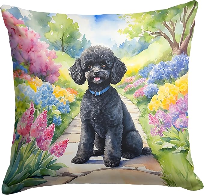Caroline's Treasures Black Poodle Spring Path Throw Pillow Machine Washable, Indoor Outdoor Decorative Pillow for Couch, Bed or Patio, 14Hx14W