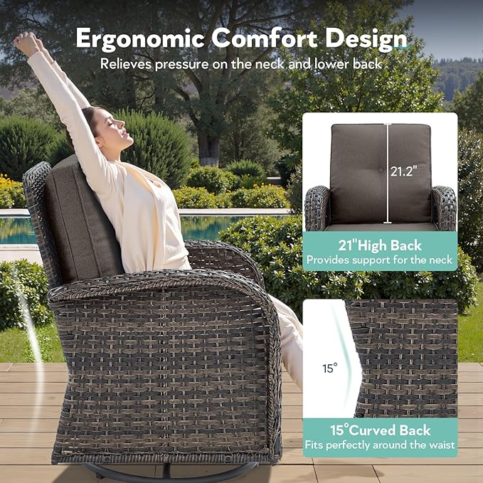 7 Piece Patio Furniture Set - Wicker Patio Conversation Set with Swivel Glider, 3 Seat Sofa, 2 Ottomans, Glass Side Table and Coffee Table for Deck Backyard - Brown Wicker Grey Cushion