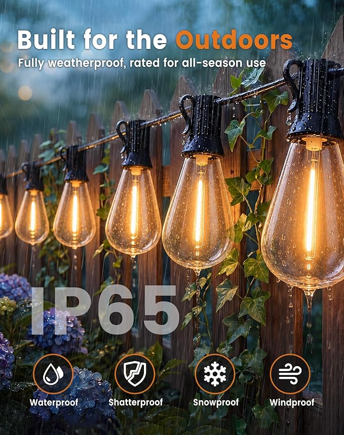 110FT(100+10) Outdoor LED String Lights with 2FT Bulb Spacing, Waterproof, Shatterproof, Dimmable, Warm White, 3 Lighting Modes, Timer, Plug in Hanging Backyard Lights for Outside, Patio