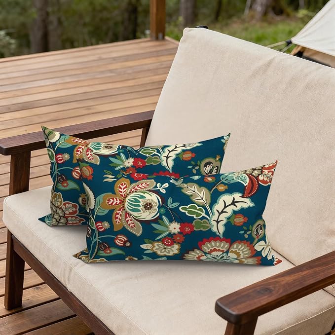 Outdoor Lumbar Pillows, Water Repellent Cushion Pillows 12x20 Inch, Outdoor Pillows with Inserts for Home Garden, Pack of 2, Peacock Blue