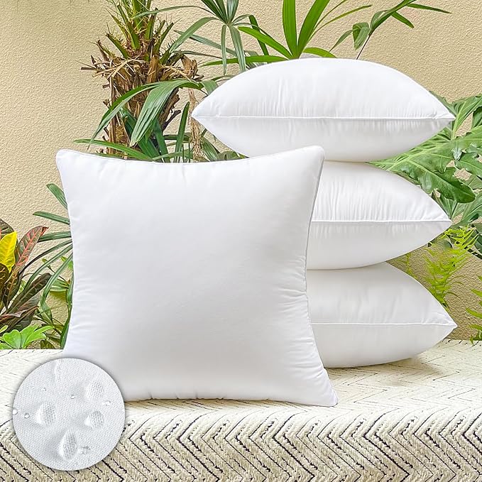 22x22 Waterproof Outdoor Square Pillow Inserts, 4 Pack | Hypoallergenic & machine washable. Soft yet supportive, stays plump. Waterproof protection for patio, sofa, bed, garden.