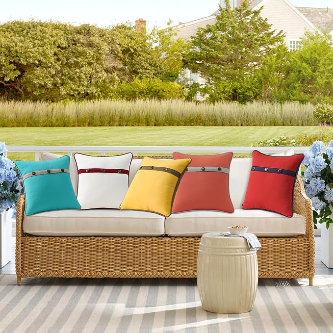 Outdoor Sunbrella Decorative Pillows with Triple Coconut Buttons Pack of 4, 18" x 18" Outdoor Pillow Set for Couch Bed Throw Patio Sofa, Canvas Logo Red/Specrtum Indigo