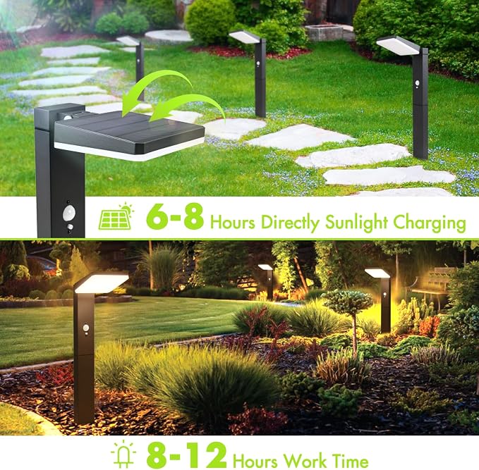 Solar Pathway Lights Outdoor Waterproof, Motion Sensor Lights | Aluminum, 20" Tall, 600LM Super Bright, Adjustable Head, Dusk to Dawn 12+ Hour Battery Life, Suitable for Lawns or Concrete