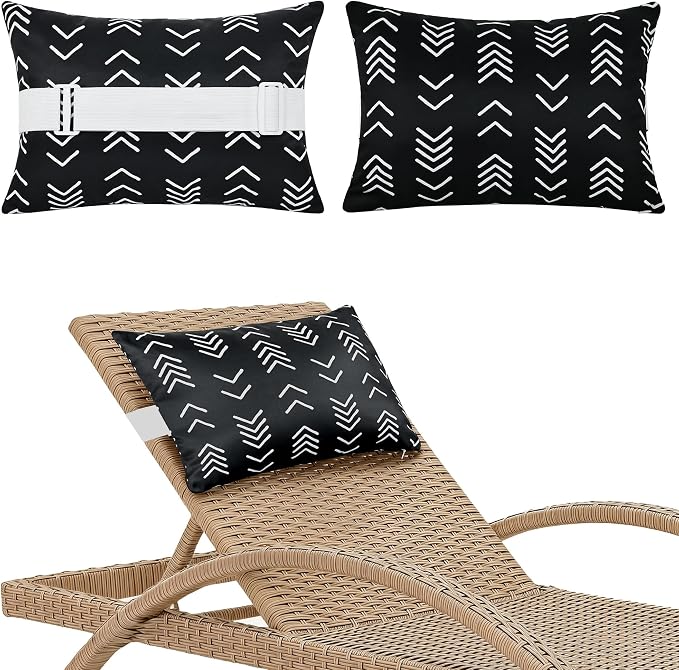 Black Geometric Outdoor Chaise Lounge Head Pillow 11"x16" Set of 2 | Waterproof Lumbar Pillows with Insert Adjustable Elastic Strap, Neck Attachment for Recliner Patio Beach Pool
