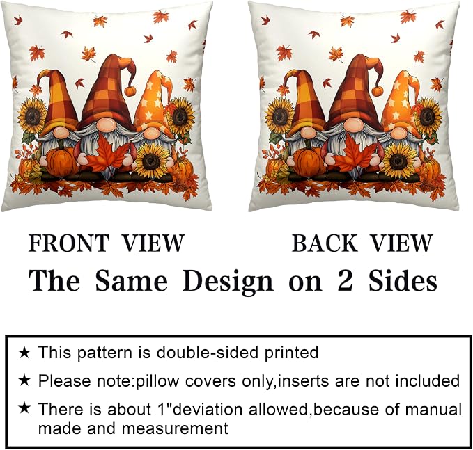 Fall Gnome Pillow Covers 16x16 Set of 2 Pumpkin Sunflower Maple Leaves Throw Pillow Covers Autumn Pillow Case Thanksgiving Cushion Case for Home Decor Couch Sofa