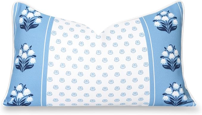 Hofdeco Premium Coastal Hampton Patio Indoor Outdoor Lumbar Pillow Cover Only, 12"x20" Water Repellent for Backyard, Couch, Poolside, Azure Blue Print Block Print Striped Lily of the Valley