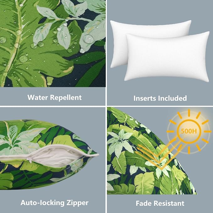 LVTXIII 2 Pack Outdoor Lumbar Pillows 12x20 Inch with White Piping, Fade Resistant Support Throw Pillows with Inserts for Patio Furniture, Sofa, Chair, Jungle Leaves