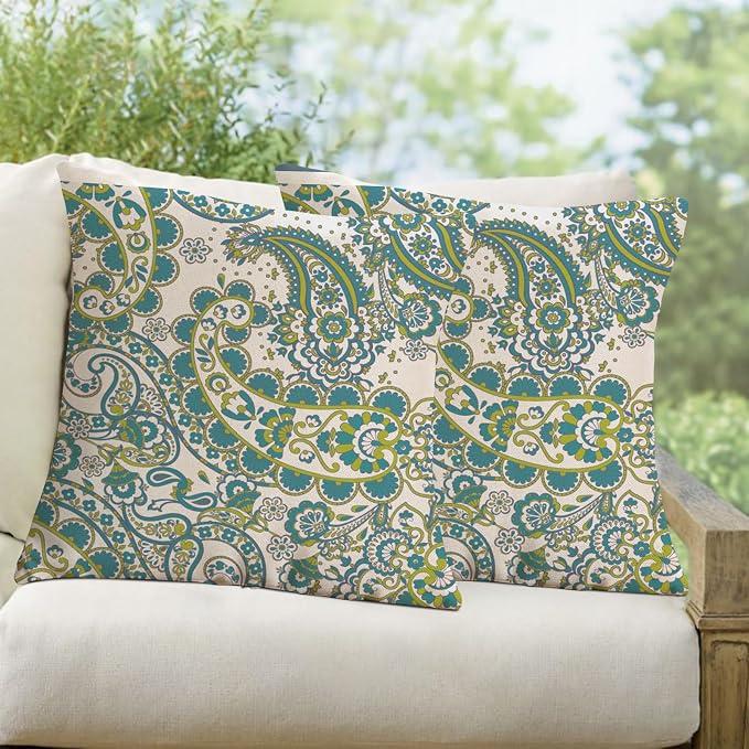 Blue Dahlia Flower Outdoor Pillow Covers 18x18 Inch Set of 2 Waterproof Abstract Floral Summer Decorative Throw Pillow Covers for Patio Furniture Porch Couch Home Decor (Green)