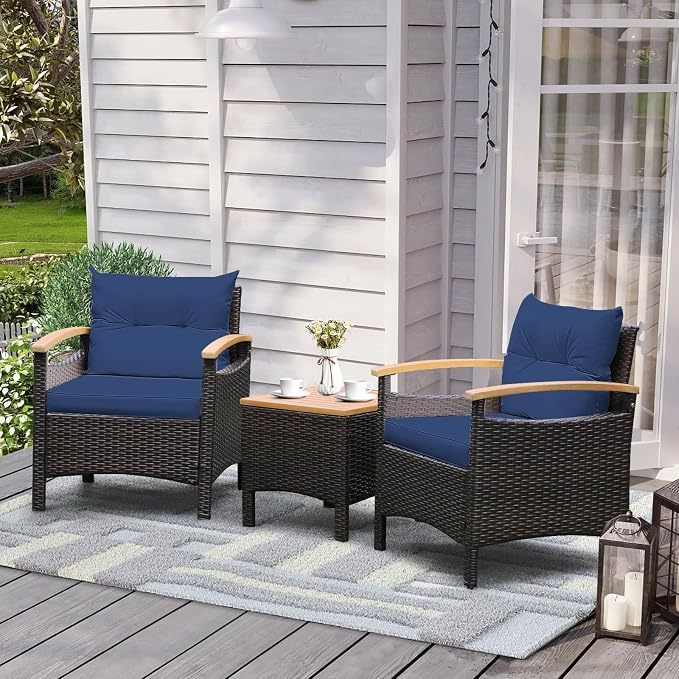 HAPPYGRILL 3 Pieces Patio Rattan Conversation Set, Outdoor PE Wicker Furniture Set Bistro Set with Coffee Table, Soft Seat Cushions & Throw Pillows, Acacia Wood Sofa Set for Patio Courtyard Poolside