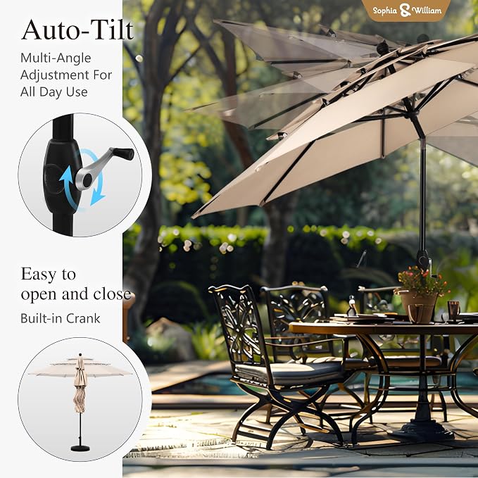 Sophia & William Patio Dining Set for 4 with 10ft 3 Tier Auto-tilt Umbrella, Outdoor Table Furniture Set with 4 x Metal Outdoor Chairs, 1 x Metal Square Dining Table and 1 Beige Patio Umbrella