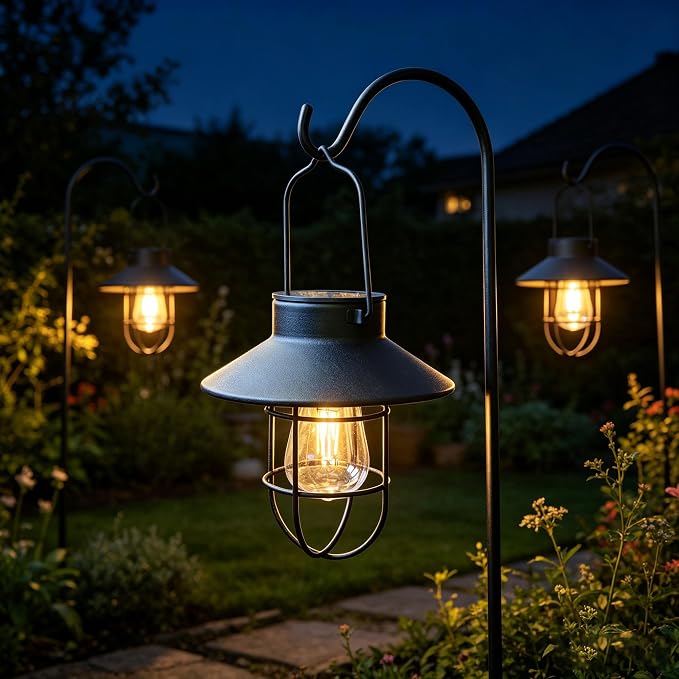 4 Pack Hanging Solar Lantern Lights with Shepherd Hook, Metal Waterproof Warm White Edison Bulb Lights for Garden Outdoor Pathway