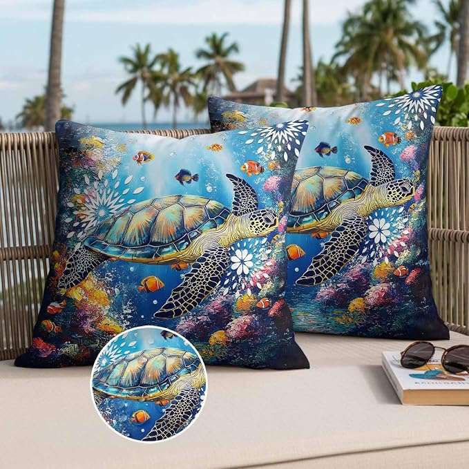 Turtle Waterproof Outdoor Pillow Covers Set of 2 Home Decor, Ocean Fish Coral Underwater World Cartoon Pillowcase Patio Pillow Covers for Couch Bench Furniture Garden 20x20in