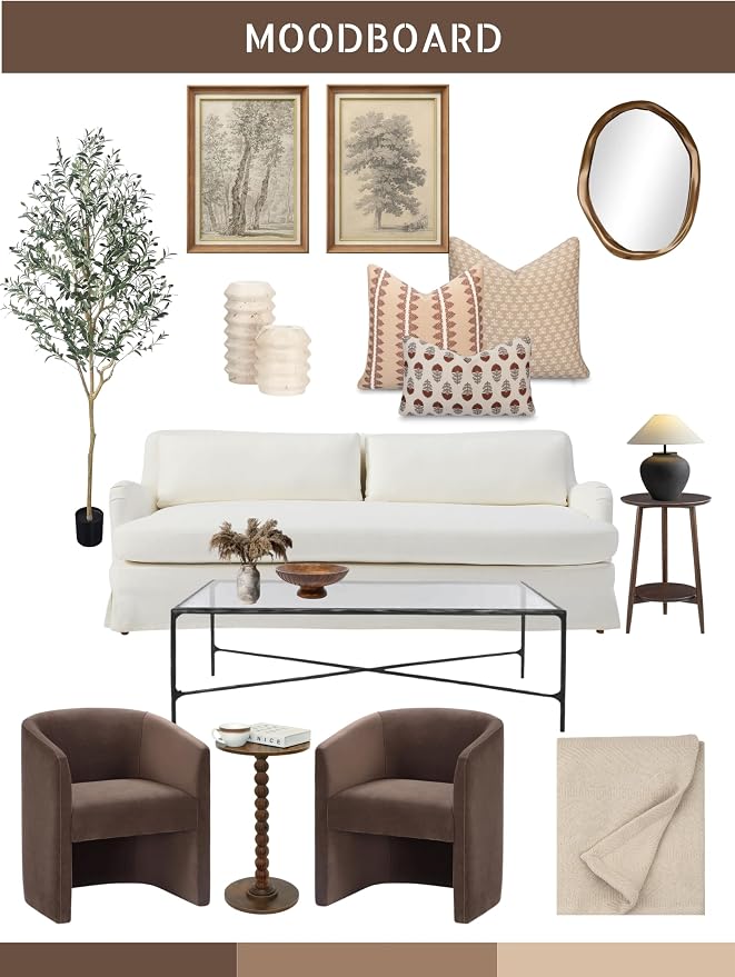 Crumbs Home Modern Farmhouse California Casual Indoor Outdoor Throw Pillow Cover, 20"x20" Water Repellent for Patio, Backyard, Couch, Poolside, Earth Tone Cocoa Brown Tan Print Leaves Stripes