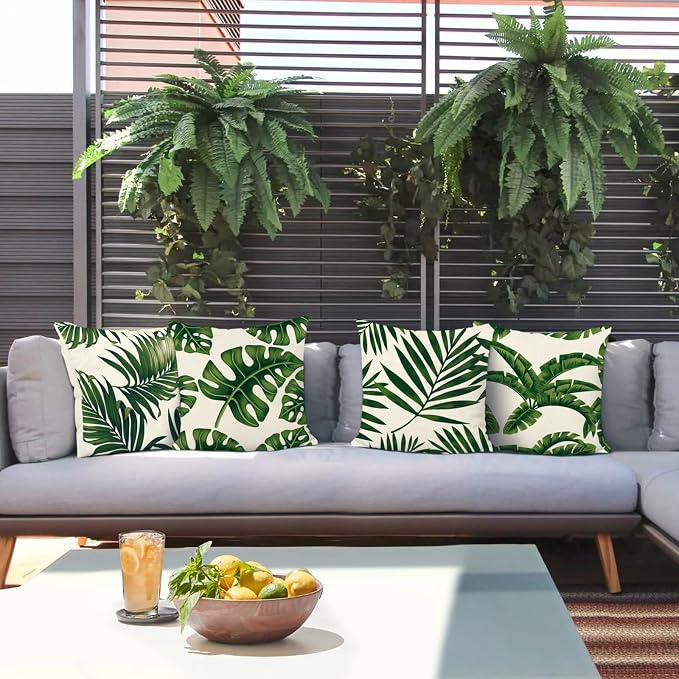 Bonhause Tropical Leaves Throw Pillow Covers 20x20 Set of 4 Green Palm Leaf Decorative Pillow Cases Polyester Linen Outdoor Cushion Covers for Sofa Couch Garden Home Decor