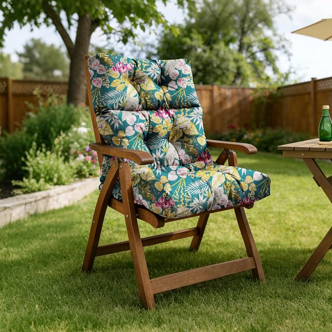 Tufted High Back Adirondack Chair Cushion 45"x21"x4",Floral | Patterned outdoor cushion with ties; premium padded design fits garden rocking chairs, multiple color options available
