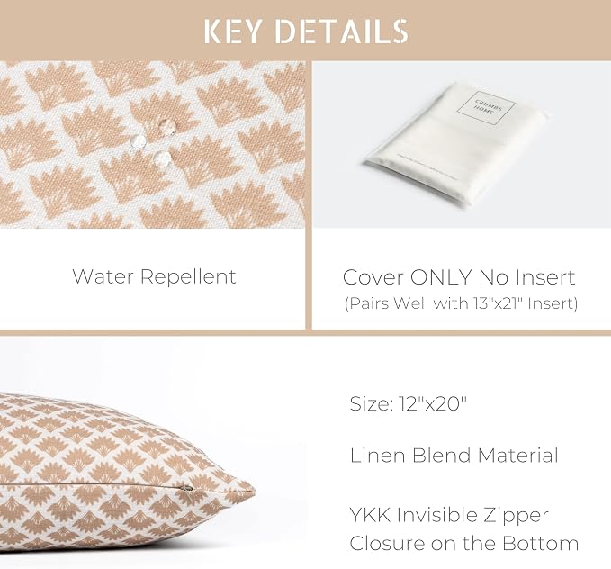 Modern Farmhouse California Casual Indoor Outdoor Lumbar Pillow Cover, 12"x20" Water Repellent for Patio, Backyard, Couch, Poolside, Ivory Cream Tan Print Ravenala Palm Tree