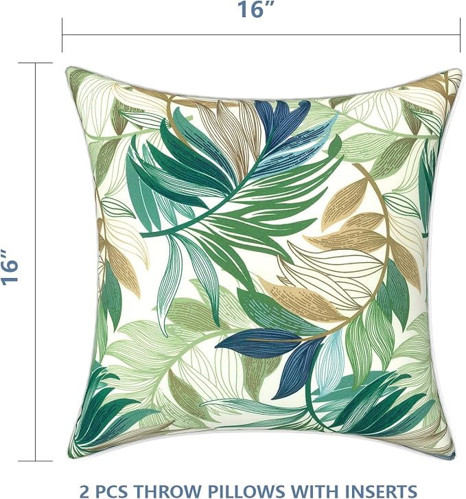 LVTXIII Outdoor Throw Pillow Covers Waterproof Tropic Accent Pillow Cases Fluffy Outdoor Cushion Covers for Garden and Patio Furniture Decoration, 16x16, 2 Pack, Lush Leaf Green