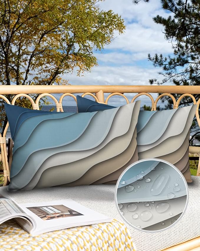 Outdoor Pillows 20x12 Waterproof Outdoor Pillow Covers, Ombre Stripes Blue Brown Polyester Throw Pillow Covers Garden Cushion Decorative Case for Patio Couch Decoration Set of 2, Abstract Striped