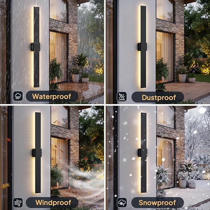 2 Pack LED Outdoor Wall Sconce Dimmable, 3000K 4500K 6000K, 47.2" Modern Black Linear Exterior Lighting Fixtures, IP65 Waterproof Outside Lights for Entrance, Hallway, Garage, Porch