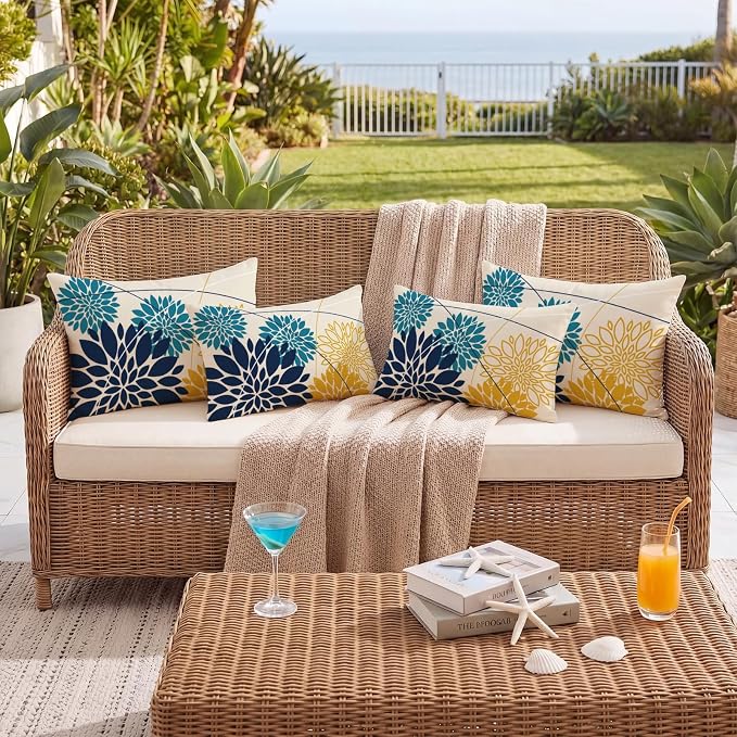 OTOSTAR Outdoor Dark Blue Cyan Yellow Pillow Covers 12x20 Inch Set of 2 Flower Throw Pillows Farmhouse Geometric Dahlia Floral Lumbar Cushion Case Waterproof Decor for Sofa Patio Funiture Garden