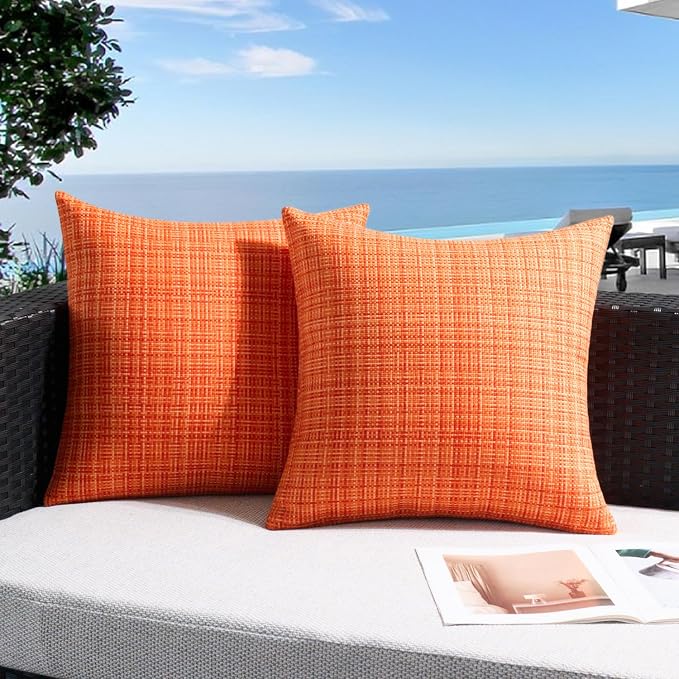 UGASA Fall Outdoor Waterproof Throw Pillow Covers Pack of 2 Patio Water Resistant Pillow Cases Summer Woven Texture Decorative for Outside Garden Porch Yard Bench Tent 20x20 Inch, Orange