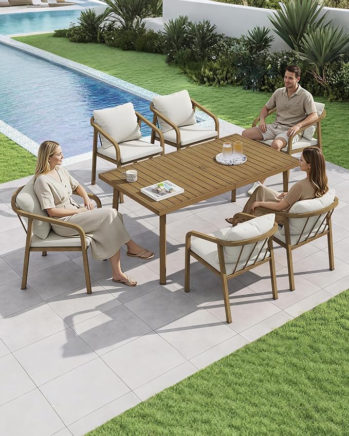Never-Rust Aluminum Outdoor Dining Chairs Set of 2, Patio Dining Chairs with Thick Cushion, Outdoor Patio Chairs with Wraparound Backrest and Curved Armrest for Backyard, Lawn, Deck, Teak